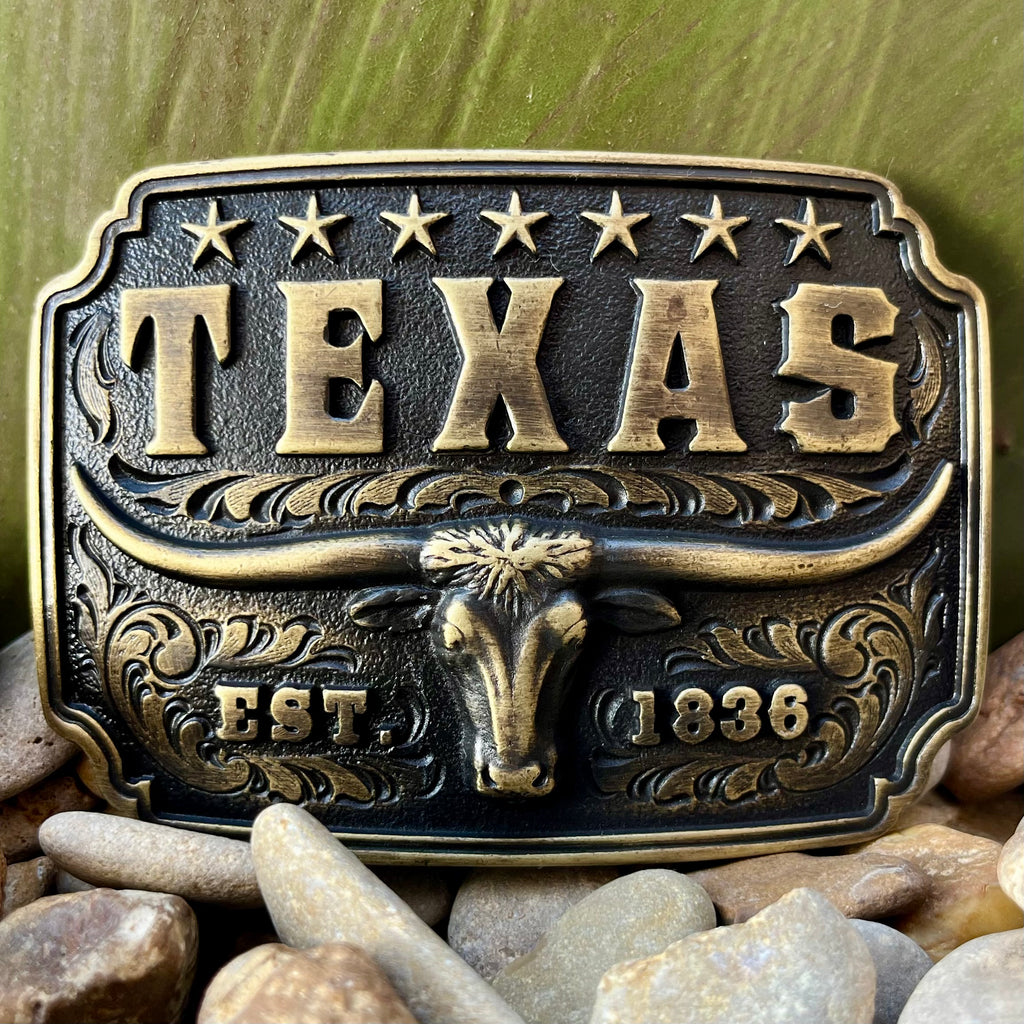 Montana Silversmiths Buckle Black Rectangular Texas Longhorn in black, iconic Texas longhorn motif with "Texas" engraving - A843. Available at Blair's Western Wear, Marble Falls, TX.