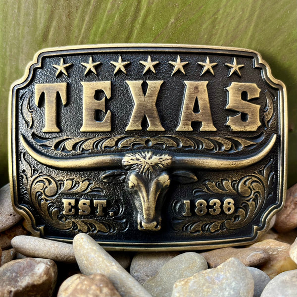 Montana Silversmiths Buckle Black Rectangular Texas Longhorn in black, iconic Texas longhorn motif with "Texas" engraving - A843. Available at Blair's Western Wear, Marble Falls, TX.
