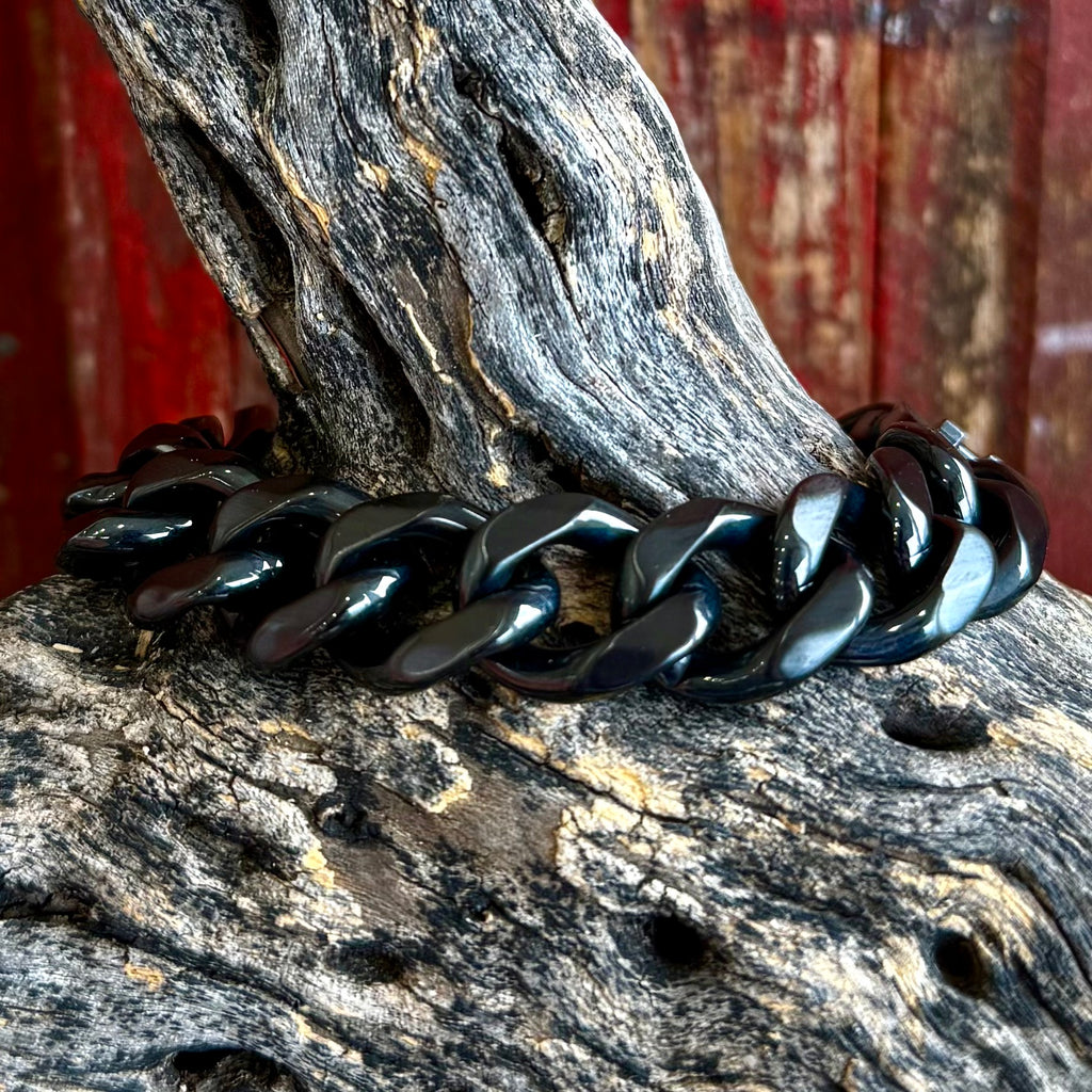 Montana Silversmiths chain bracelet in black nickel, featuring flat Cuban links, with a secure fold-over clasp - BC6094. Available at Blair's Western Wear, Marble Falls, TX.