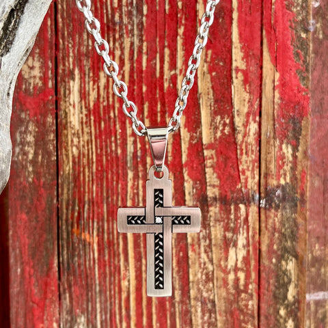 Montana Silversmiths Cross Necklace in silver, featuring an elegant twisted cross design with a cubic zirconia stone - NC3117. Available at Blair's Western Wear, Marble Falls, TX.