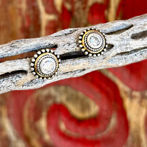 Montana Silversmiths earring stud sharp in silver and gold-tone, clear faceted center stone that reflects light, with beaded rope detailing for Western style - ER6447. Available at Blair's Western Wear, Marble Falls, TX.