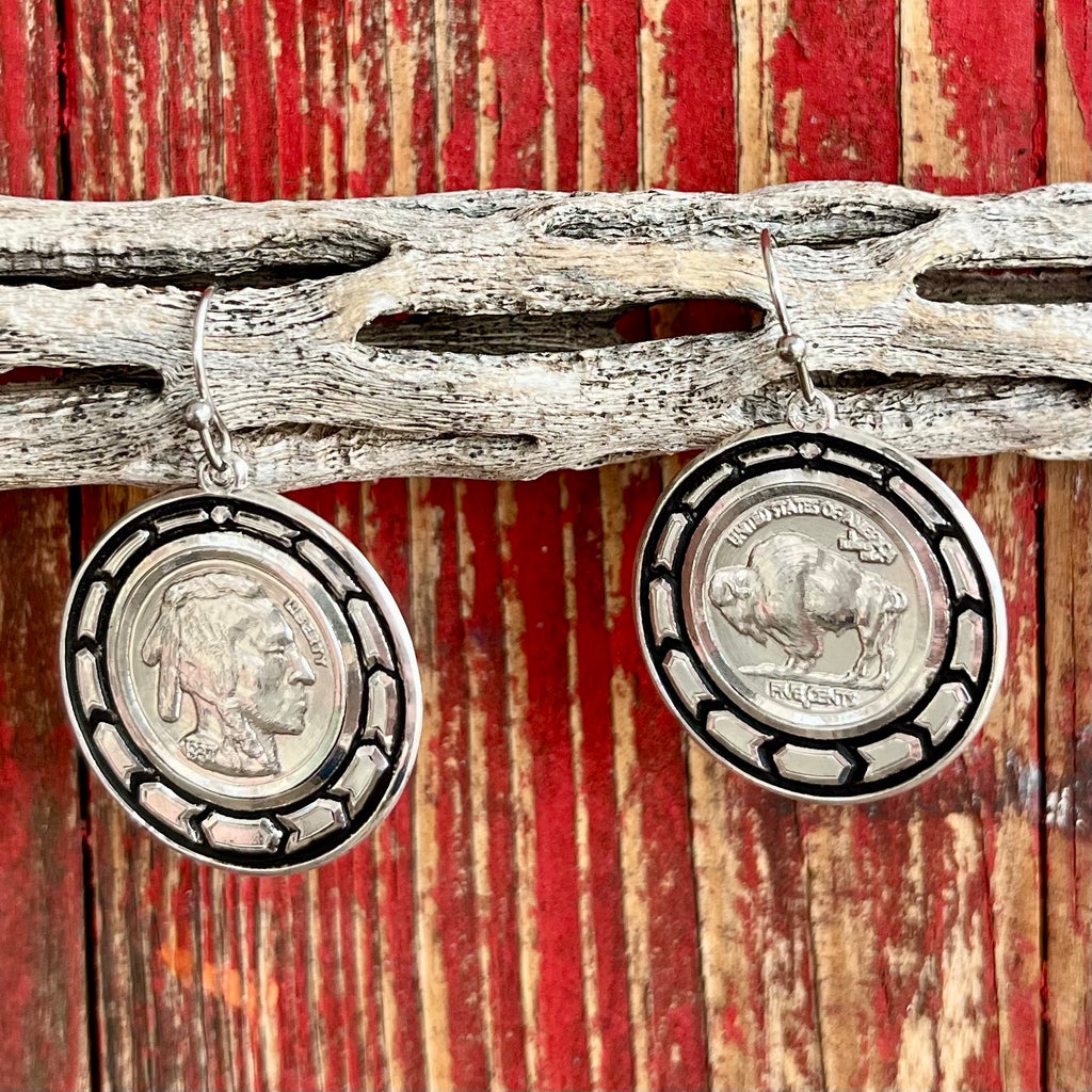Montana Silversmiths Silver-Black Buffalo Coin Earrings ER5974