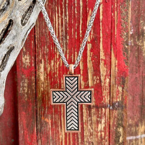Montana Silversmiths Faithful Destiny Cross Necklace in antiqued silver, chevron patterns with copper tone border - NC6008. Available at Blair's Western Wear, Marble Falls, TX.