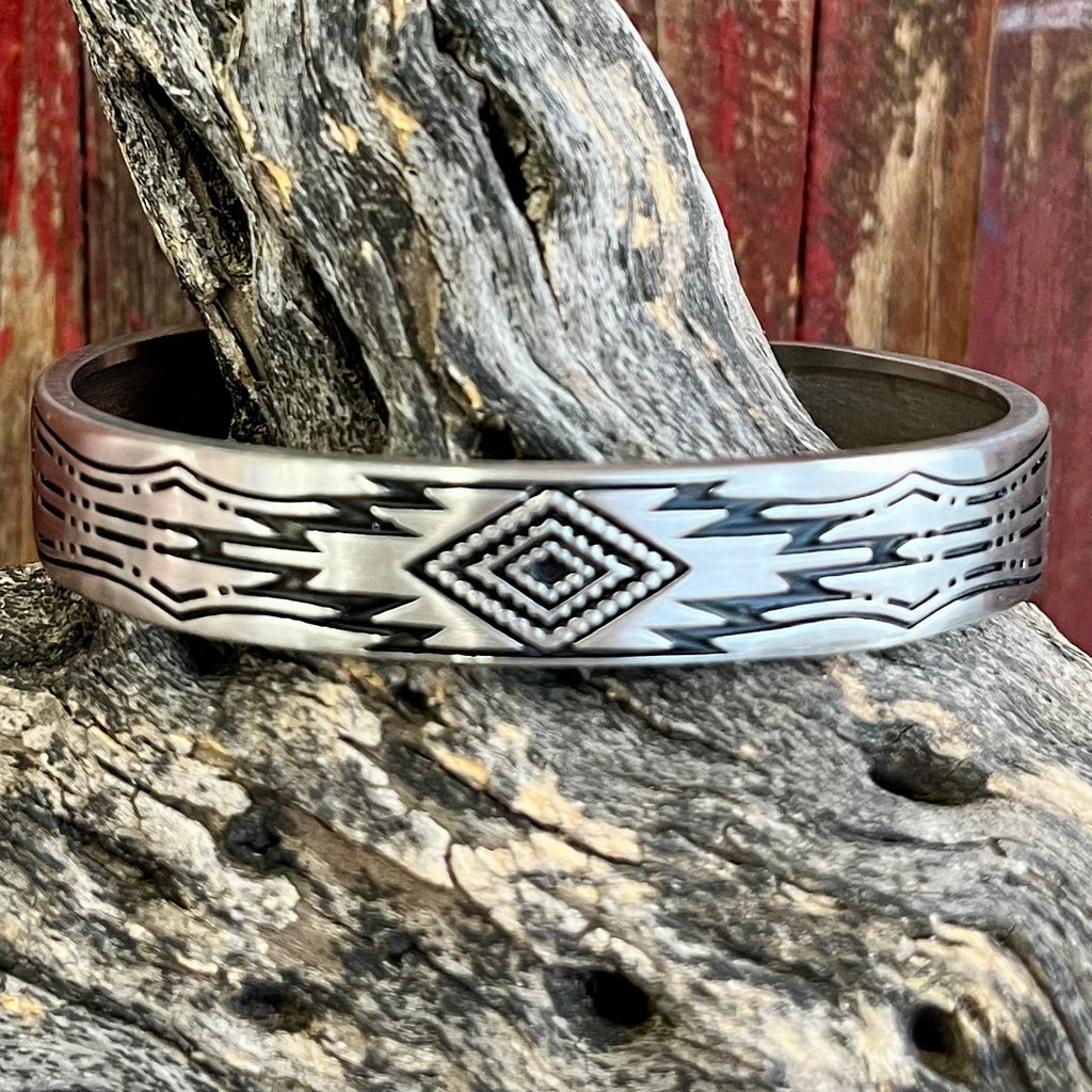 Montana Silversmiths Men's Cuff Bracelet in Silver, featuring geometric Aztec pattern with detailed etching - BC6095. Available at Blair's Western Wear, Marble Falls, TX.