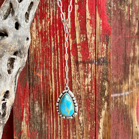Montana Silversmiths Necklace Turquoise Stone Drop in vibrant turquoise, teardrop-shaped stone with decorative silver finish - NC6126. Available at Blair's Western Wear, Marble Falls, TX.