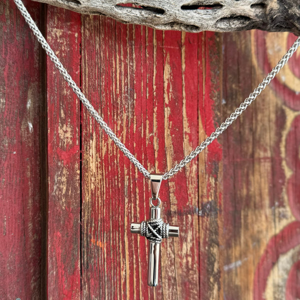 Montana Silversmiths Necklace Silver Cross in polished silver, with intricate rope-wrapped center and bold steel craftsmanship - NC4332. Available at Blair's Western Wear, Marble Falls, TX.