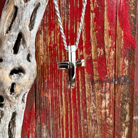 Montana Silversmiths necklace silver cross pendant in silver tone, dimensional layered cross design for bold visual depth, with twisted rope chain for comfortable everyday wear – NC6288. Available at Blair's Western Wear, Marble Falls, TX.