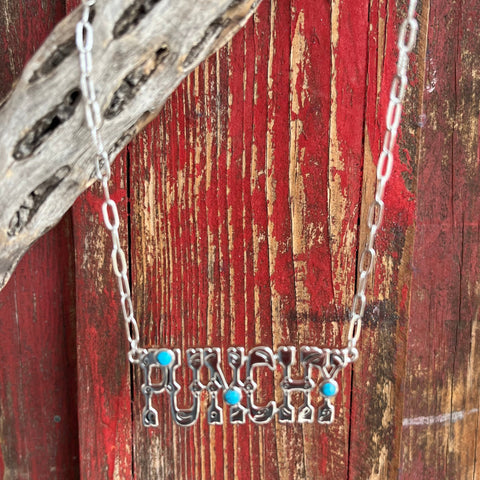 Montana Silversmiths Necklace featuring the word "Punchy" in silver with three turquoise stones, expressive design with turquoise accents and durable finish - NC5962. Available at Blair's Western Wear, Marble Falls, TX.