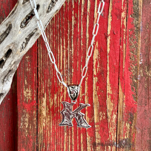 Montana Silversmiths Necklace featuring a Silver Scroll Pendant shaped as the letter 'K', elegant design, handcrafted quality - NC6096K. Available at Blair's Western Wear, Marble Falls, TX.