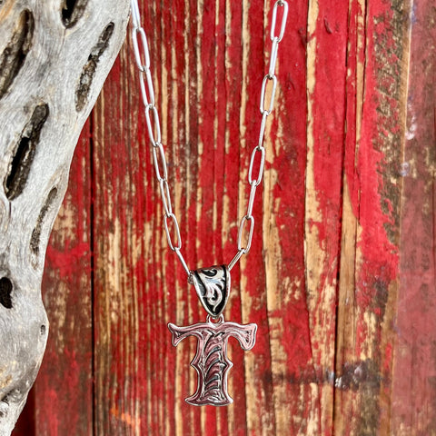 Montana Silversmiths Necklace Scroll T in Silver, featuring elegant scrollwork and fine craftsmanship - NC6096T. Available at Blair's Western Wear, Marble Falls, TX.