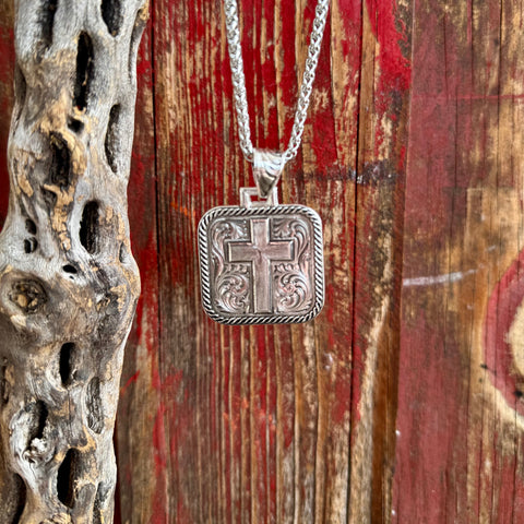 Montana Silversmiths necklace silver square cross pendant in silver, featuring engraved Western scrollwork, with twisted rope edge border - NC6411. Available at Blair's Western Wear, Marble Falls, TX.