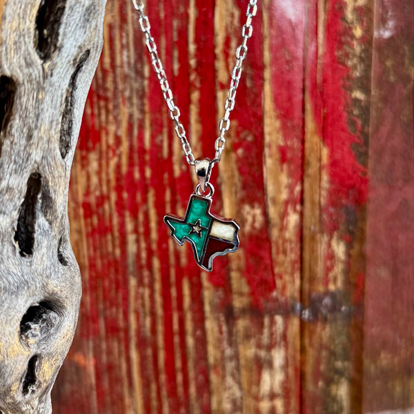 Montana Silversmiths Necklace Texas Forever Pendant in Silver, Texas-shaped pendant that lets you represent your state pride with a distinct, easy-to-style silhouette, with turquoise-colored inlay paired with white accents for a bold Texas flag–inspired contrast that stands out against the silver-tone frame - NC5619. Available at Blair's Western Wear, Marble Falls, TX.