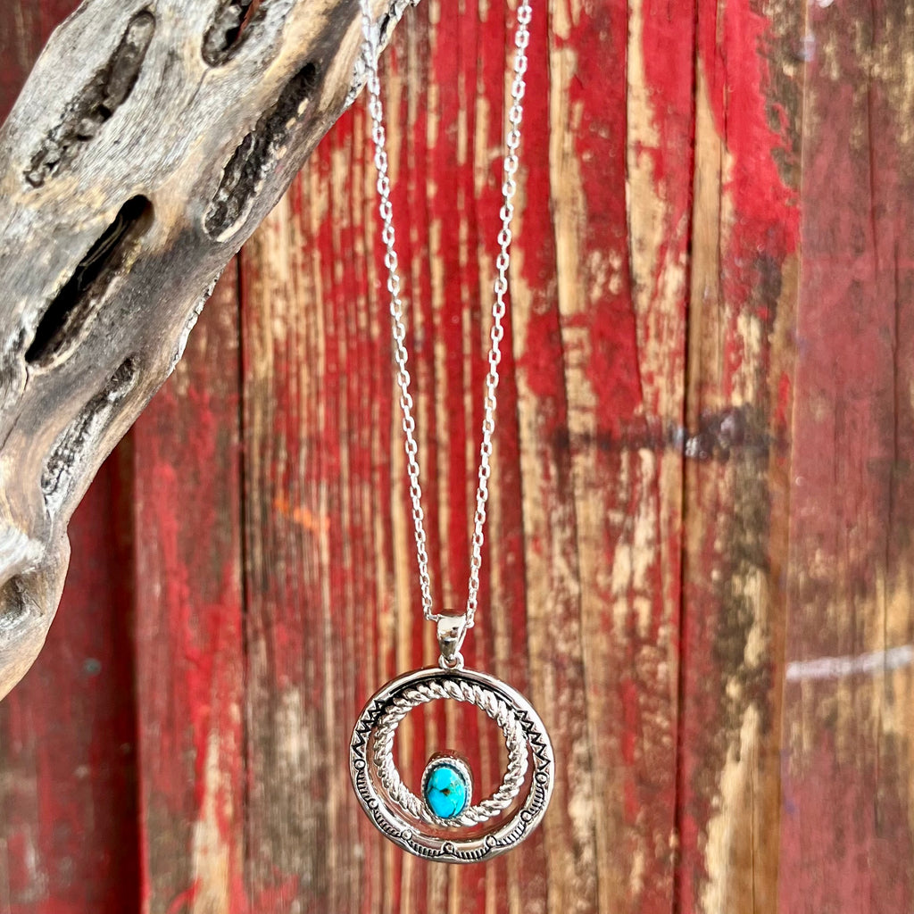 Montana Silversmiths Necklace with turquoise circle stone in silver, featuring twisted rope details and a protective finish - NC6104. Available at Blair's Western Wear, Marble Falls, TX.