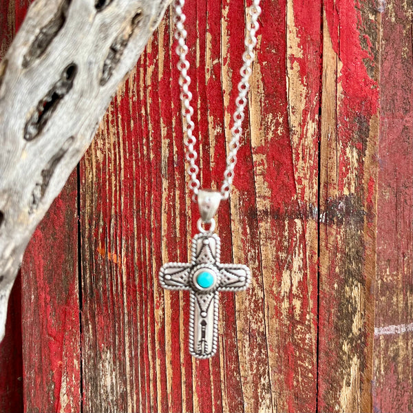 Montana Silversmiths Necklace Cross Pendant in silver, featuring a center turquoise stone and twisted rope design - NC5303. Available at Blair's Western Wear, Marble Falls, TX.