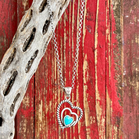 Montana Silversmiths Necklace with a double heart turquoise design in silver, symbolizing eternal love and wisdom - NC5179. Available at Blair's Western Wear, Marble Falls, TX.