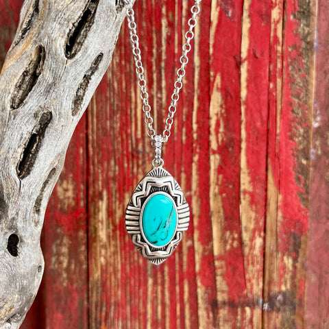 Montana Silversmiths Necklace Turquoise Pendant in silver, striking turquoise centerpiece with intricate silver detailing - NC5821. Available at Blair's Western Wear, Marble Falls, TX.