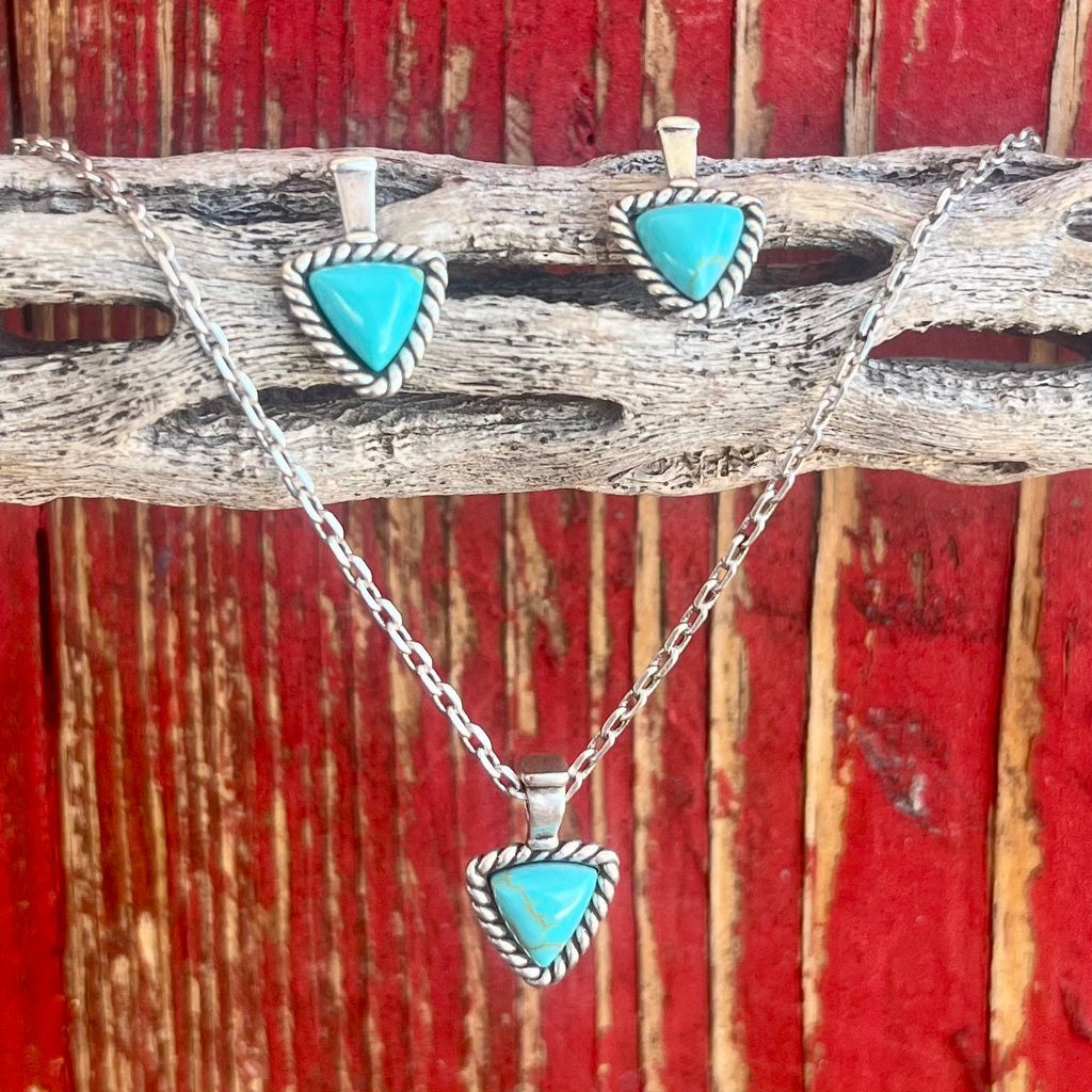 Montana Silversmiths Jewelry Set with turquoise stone triangle pendant and roped silver-tone border - JS6109. Available at Blair's Western Wear, Marble Falls, TX.