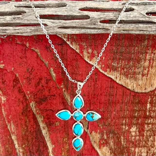 Montana Silversmiths Ocean of Faith Necklace in silver and turquoise, featuring six teardrop-shaped turquoise stones with an adjustable 19-inch chain - NC6023. Available at Blair's Western Wear, Marble Falls, TX.