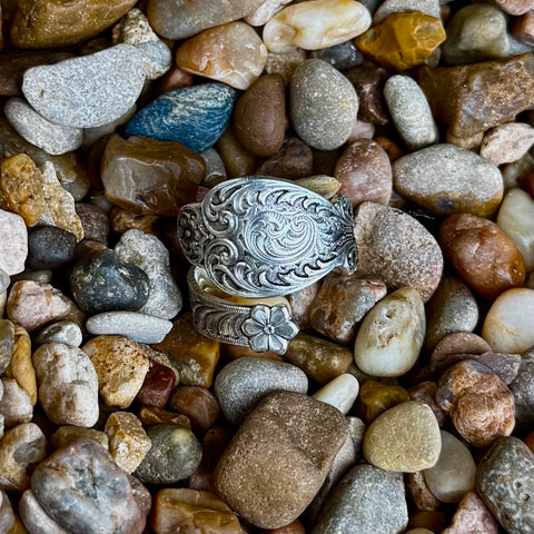 Montana Silversmiths ring spoon wrap in silver, crafted with heirloom-style metal for lasting shine, with an adjustable wrap design for a flexible fit – RG5069. Available at Blair's Western Wear, Marble Falls, TX.