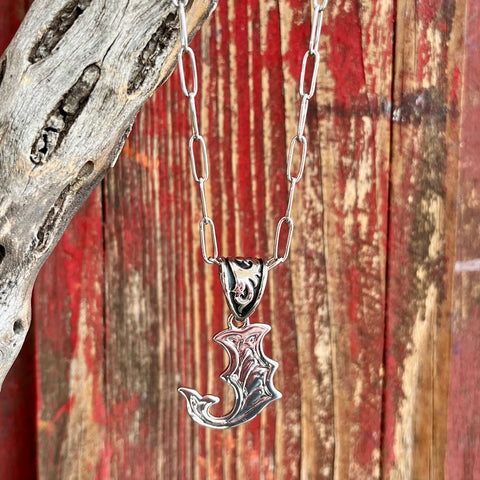 Montana Silversmiths Jewelry Scroll Necklace in silver, intricate scroll design of the letter "J" with black painted accents on a paperclip chain - NC6096J. Available at Blair's Western Wear, Marble Falls, TX.