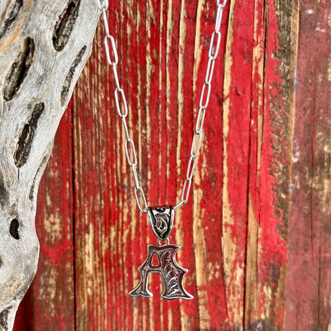 Montana Silversmiths Silver Necklace with Engraved Initial 'A' Pendant, handcrafted and lightweight design - NC6096A. Available at Blair's Western Wear, Marble Falls, TX.
