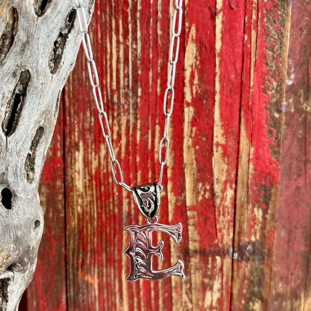 Montana Silversmiths Silver Scroll "E" Pendant Necklace in silver, featuring classic western engraving and a stylish paperclip chain - NC6096E. Available at Blair's Western Wear, Marble Falls, TX.