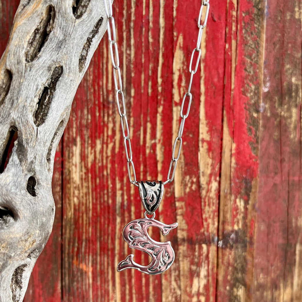 Montana Silversmiths Silver Scroll S Necklace in silver, detailed with classic engraving and an antiqued finish - NC6096S. Available at Blair's Western Wear, Marble Falls, TX. 