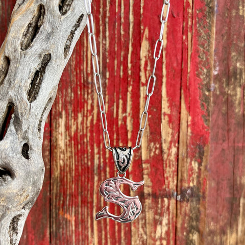 Montana Silversmiths Silver Scroll S Necklace in silver, detailed with classic engraving and an antiqued finish - NC6096S. Available at Blair's Western Wear, Marble Falls, TX. 