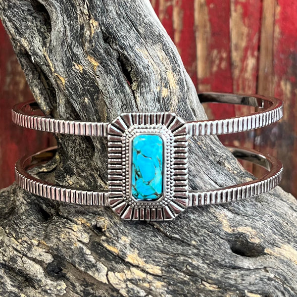 Women's Montana Silversmiths Turquoise Sky Cuff in turquoise, crafted turquoise stone centerpiece with intricate silver metalwork - BC6110. Available at Blair's Western Wear, Marble Falls, TX.