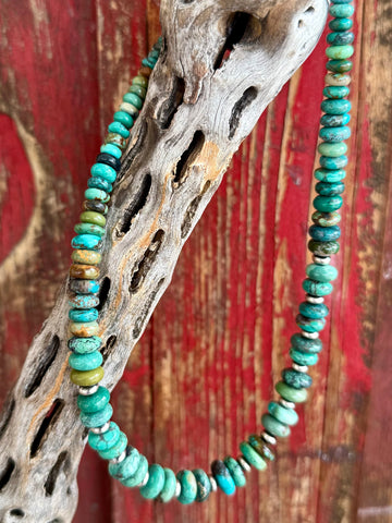 Navajo style turquoise beaded necklace in green, crafted with genuine turquoise beads in varied tones, with sterling silver spacer beads for contrast and durability - NKGRNFAB. Available at Blair's Western Wear, Marble Falls, TX.