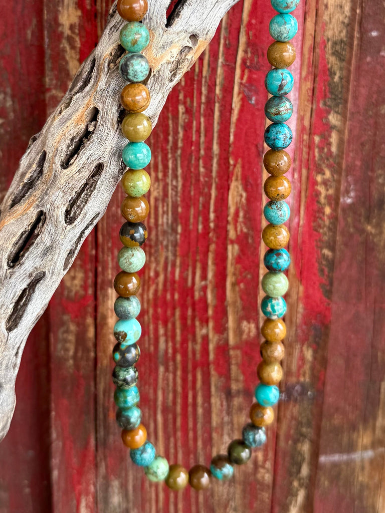 Nizhoni beaded necklace chunky turquoise and brown necklace in turquoise and brown, strung with 8mm genuine turquoise and earthy beads for bold contrast, with smooth polished stones for comfortable all-day wear - NZNKCHUNKY. Available at Blair's Western Wear, Marble Falls, TX.