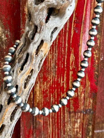 Nizhoni necklace pearl style sterling silver beaded necklace in silver, crafted with 3–6mm graduated beads for a lightweight feel, with oxidized finish for added depth - NZNKPEARL. Available at Blair's Western Wear, Marble Falls, TX.