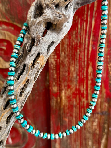 Nizhoni necklace small pearl disk turquoise necklace in blue, alternating sterling silver pearls and turquoise disk beads for versatile styling, with adjustable clasp for a customizable fit - NKPLDSKFAB. Available at Blair's Western Wear, Marble Falls, TX.