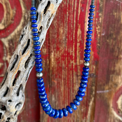 Nizhoni Traders necklace navy disk beaded necklace in navy, crafted with rich navy stone disk beads that deliver a bold, high-contrast look, with sterling silver beads that provide subtle shine - NKDISKNAVY. Available at Blair's Western Wear, Marble Falls, TX.