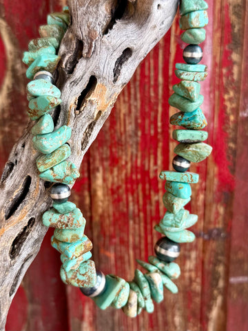 Nizhoni Traders necklace turquoise nugget beaded necklace in green, crafted with natural turquoise nugget beads that showcase unique matrix patterns, with sterling silver pearl beads that add subtle shine and contrast - NZNKROCKY. Available at Blair's Western Wear, Marble Falls, TX.