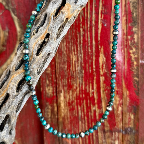 Nizhoni Traders necklace turquoise beaded necklace in turquoise, genuine turquoise stone beads provide rich natural color variation, with sterling silver accent beads that add contrast and polish - NZNKBEADTQ. Available at Blair's Western Wear, Marble Falls, TX.
