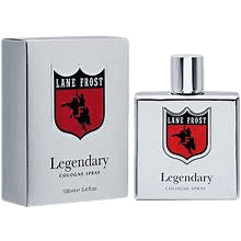 Men's Lane Frost Legendary 3.4 fl oz silver chrome cologne bottle with red bull rider shield logo and matching chrome gift box — Blair's Western Wear Marble Falls TX

