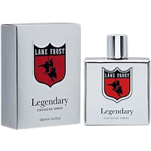 Men's Lane Frost Legendary 3.4 fl oz silver chrome cologne bottle with red bull rider shield logo and matching chrome gift box — Blair's Western Wear Marble Falls TX

