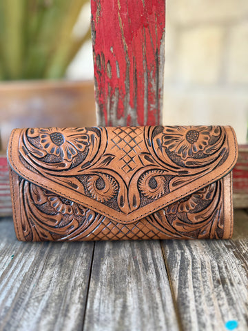 Original Hooey snap wallet in tan genuine tooled leather, featuring deep floral and scroll tooling with a basketweave center panel and secure envelope-style snap closure - OHG143. Available at Blair's Western Wear, Marble Falls, TX.