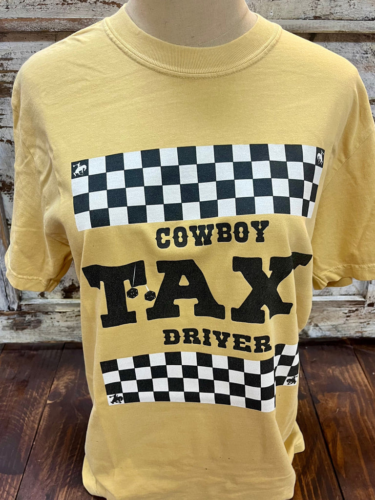 Ranch Swag T-Shirt Graphic Tee in yellow, bold checkered design for standout style with soft breathable cotton for comfort - COWBOY TAXI. Available at Blair's Western Wear, Marble Falls, TX.