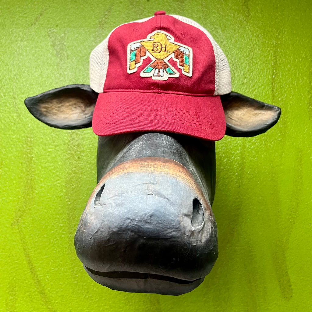 Red Dirt Hat Co. Mesh Cap with Thunderbird Patch in Brick/Natural, embroidered Thunderbird design for standout style, with breathable mesh back for comfort - RDHC379. Available at Blair's Western Wear, Marble Falls, TX.