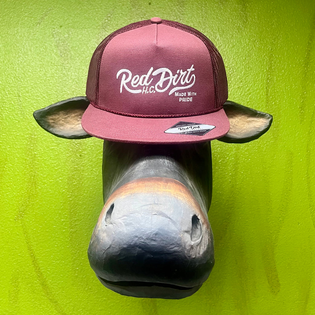 Red Dirt Hat Company Mesh Trucker Hat in Maroon, with breathable mesh back for cooling comfort, and adjustable snapback for a custom fit – RDHC406. Available at Blair's Western Wear, Marble Falls, TX.