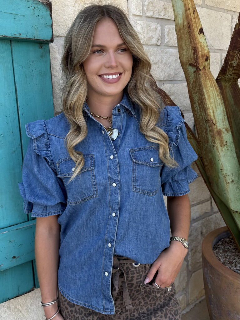 Women's Ivy Jane Short Sleeve Ruffle Denim Button-Down Top