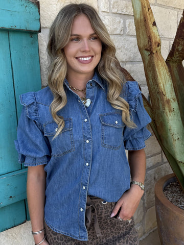 Women's Ivy Jane Short Sleeve Ruffle Denim Button-Down Top