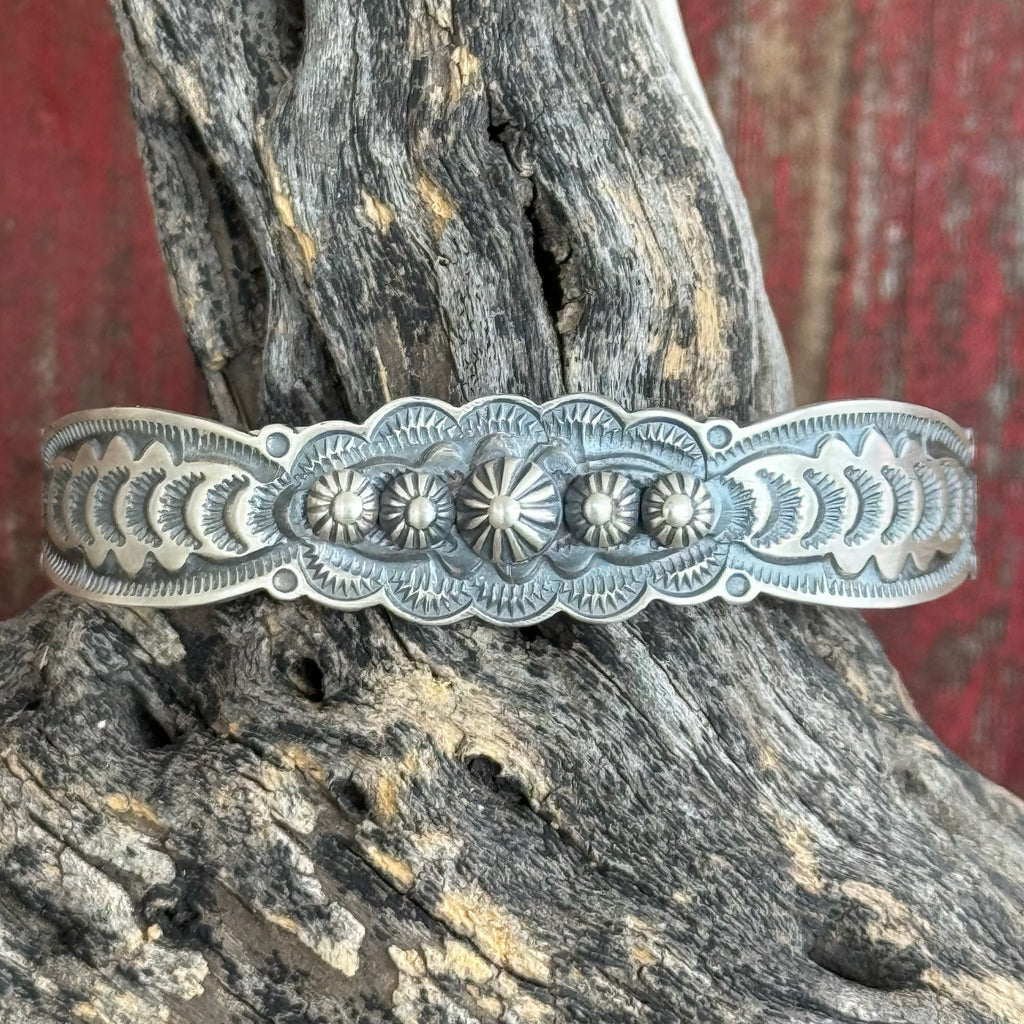 Select Lines Jewelry Silver Cuff Bracelet in Engraved Finish, crafted from sterling silver with hand-stamped Southwestern details, with an open cuff design for comfort - SELCUFFPLN. Available at Blair's Western Wear, Marble Falls, TX.
