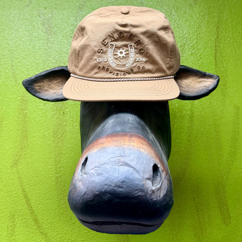 Sendero Horseshoe Logo Taupe Cap, lightweight fabric for comfort, with adjustable snapback closure for a secure fit - No Luck Cap. Available at Blair's Western Wear, Marble Falls, TX.