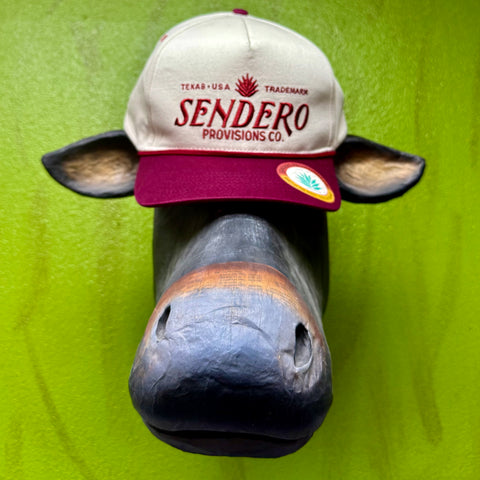 Sendero Provisions Co. cap logo rope hat in cream and maroon, embroidered front logo for long-lasting wear, with adjustable snapback closure for a customizable fit - LOGO MAROON. Available at Blair's Western Wear, Marble Falls, TX.