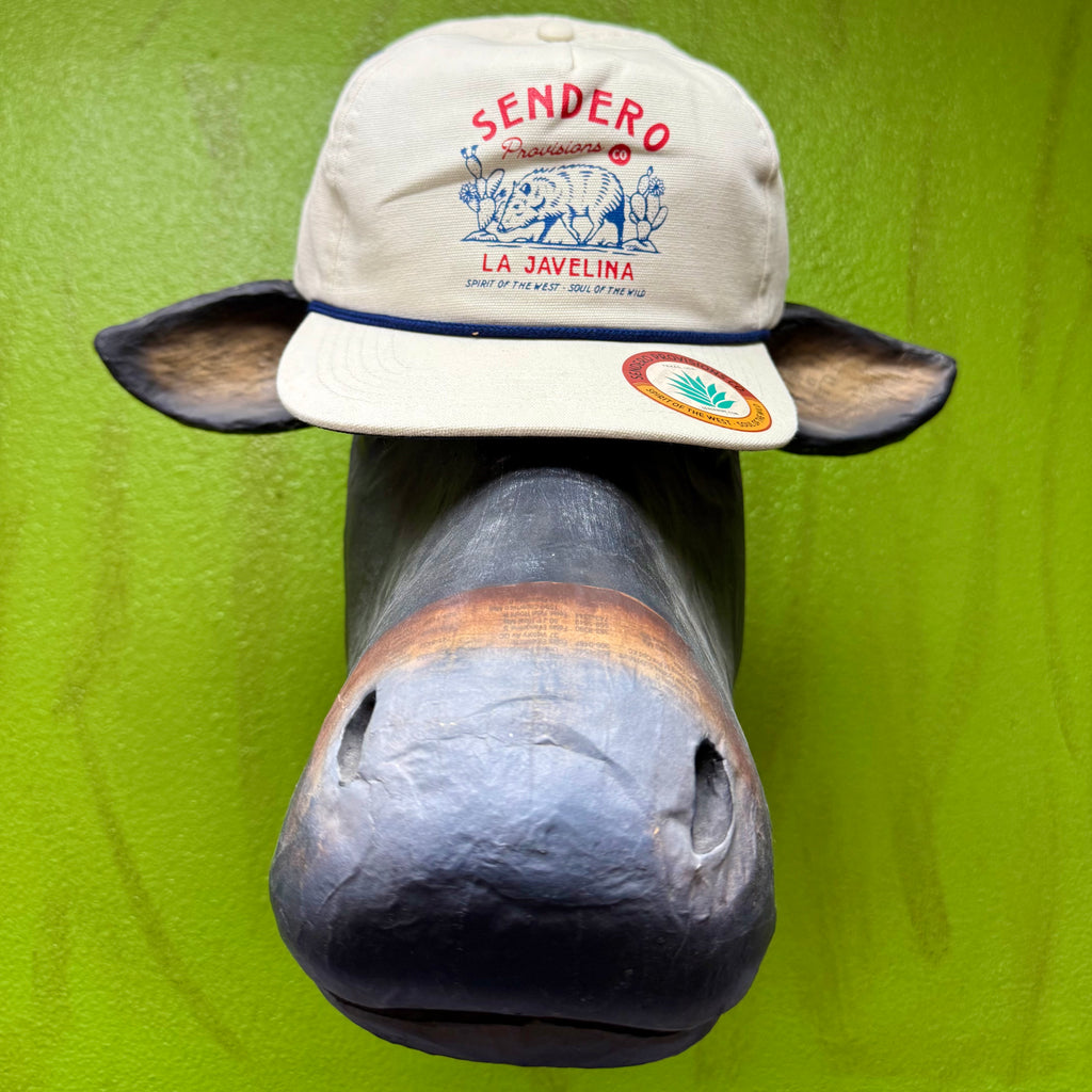 Sendero Provisions Co. Cap Javelina Hat in NAT/NAVY/RED, embroidered Southwestern javelina graphic for long-lasting detail, with adjustable snapback closure for a customizable fit - LA JAVELINA NAT. Available at Blair's Western Wear, Marble Falls, TX.
