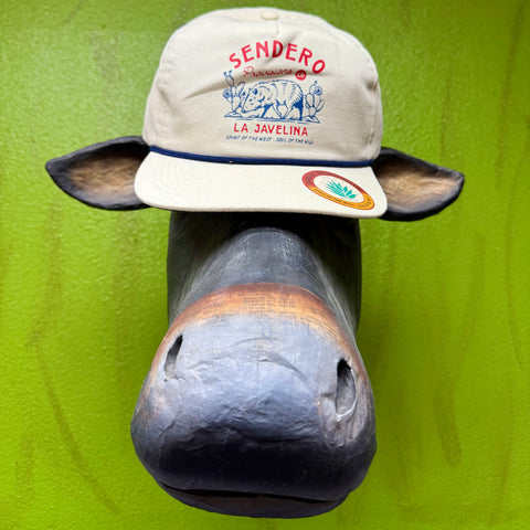 Sendero Provisions Co. Cap Javelina Hat in NAT/NAVY/RED, embroidered Southwestern javelina graphic for long-lasting detail, with adjustable snapback closure for a customizable fit - LA JAVELINA NAT. Available at Blair's Western Wear, Marble Falls, TX.
