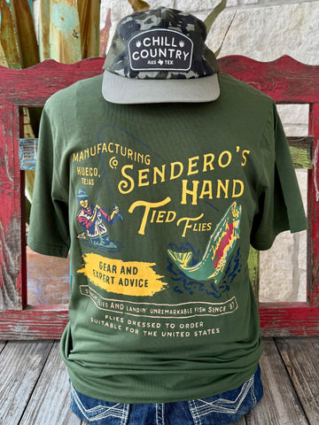 Sendero T-shirt graphic tee in army green, featuring soft breathable fabric, with a vintage fly-fishing back graphic for standout style – SPCS123F16. Available at Blair's Western Wear, Marble Falls, TX.